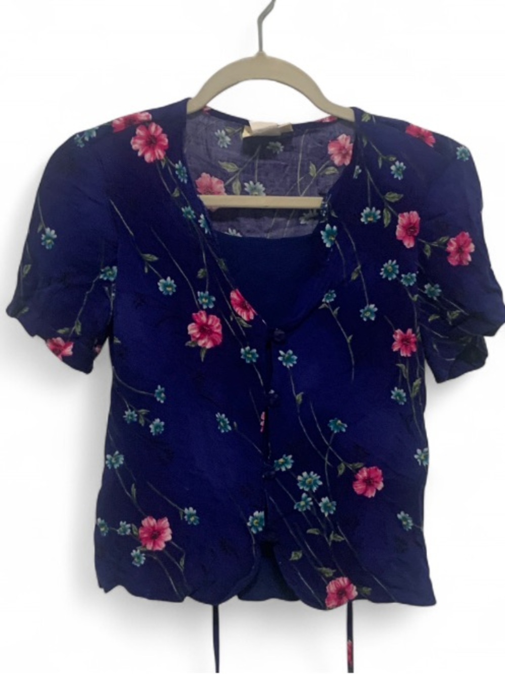 Y2K Jaclyn Smith Blue Floral Layered Tie-Front Short Sleeve Blouse